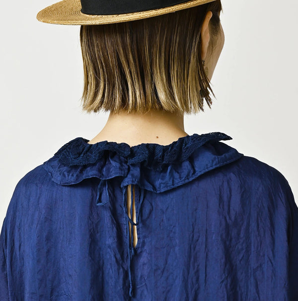 Ai Indigo Silk Frilled Collar Blouse