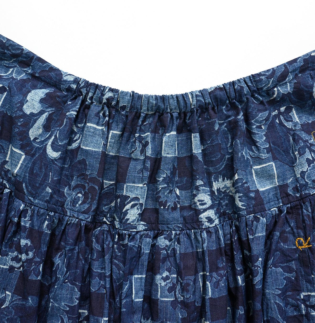 Indigo Khadi Flower Gingham Easy Skirt