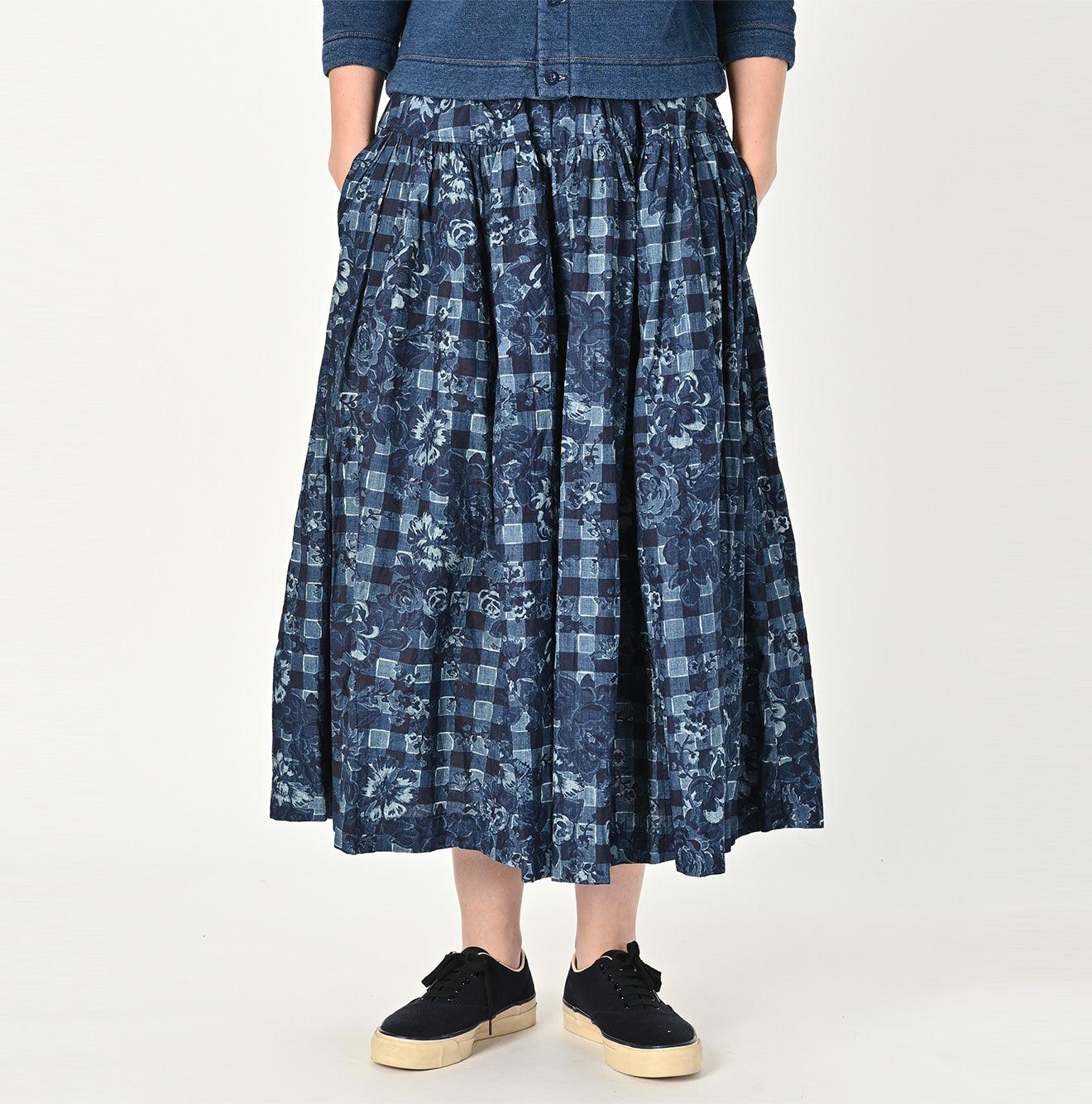 Indigo Khadi Flower Gingham Easy Skirt