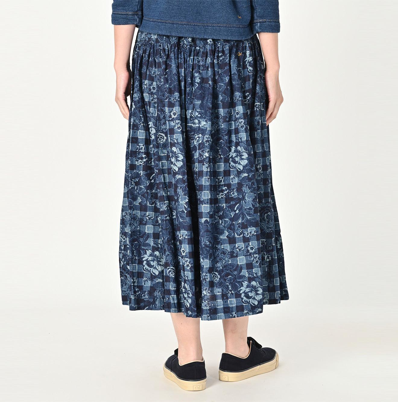 Indigo Khadi Flower Gingham Easy Skirt