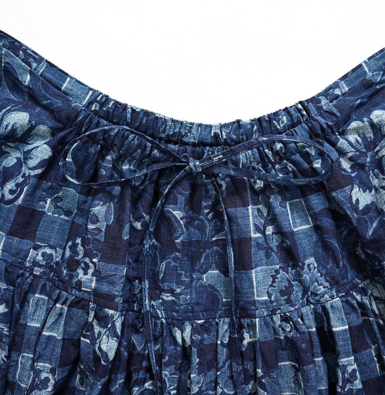 Indigo Khadi Flower Gingham Easy Skirt