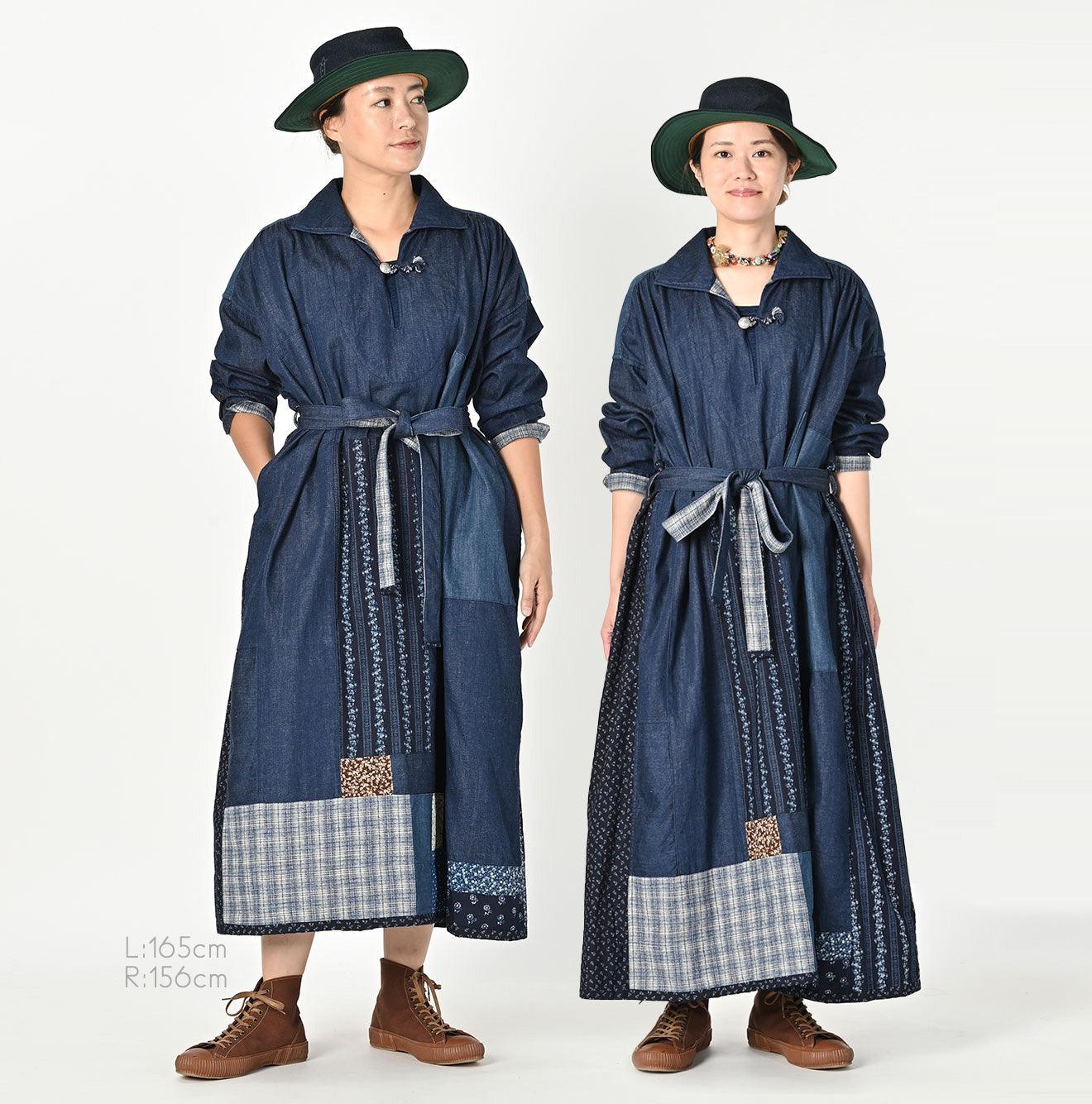 靛蓝色拼布连衣裙
