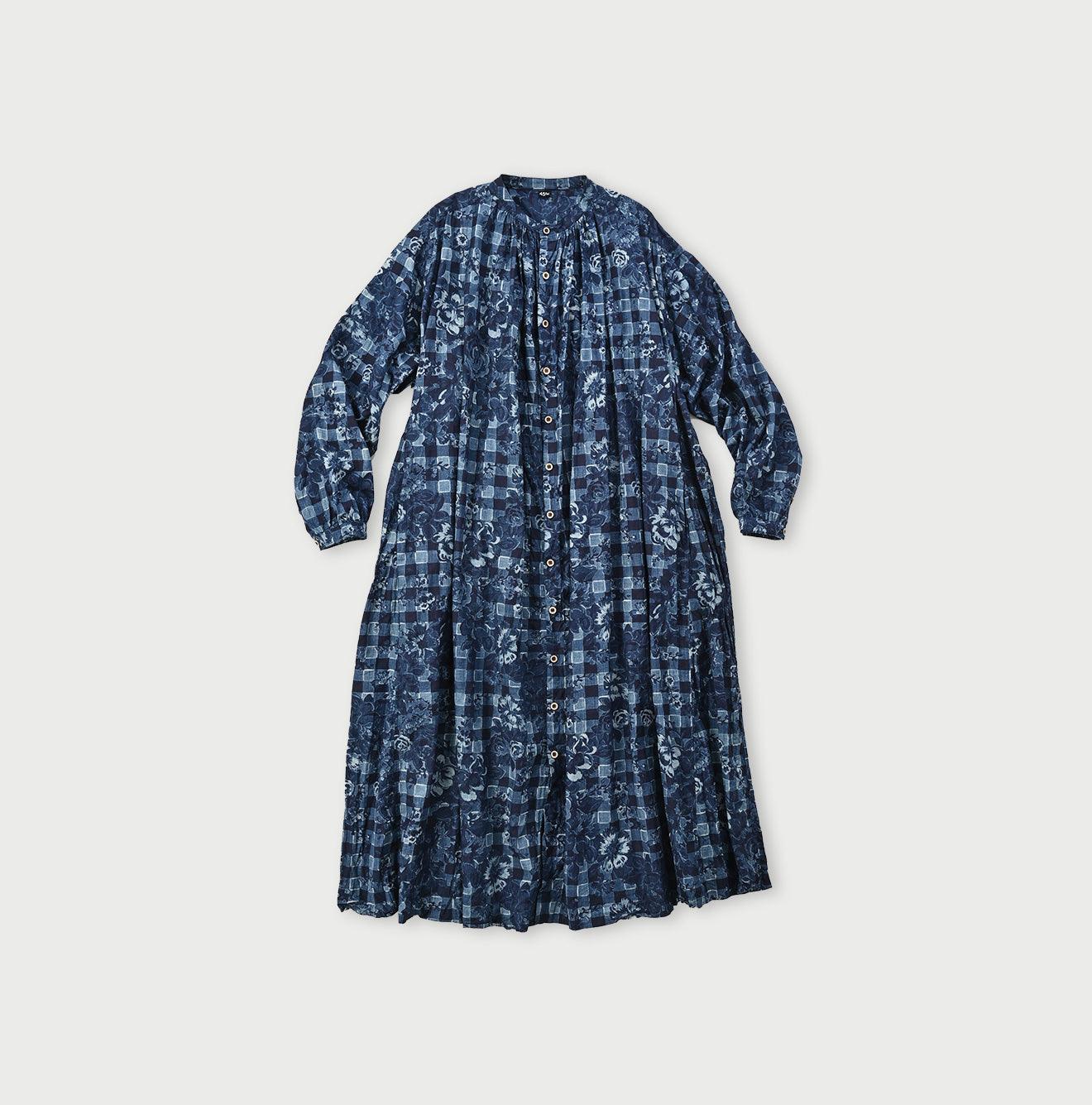 Indigo Khadi Flower Gingham Kushukushu Dress