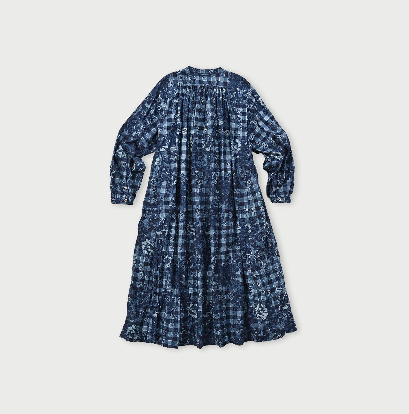 Indigo Khadi Flower Gingham Kushukushu Dress