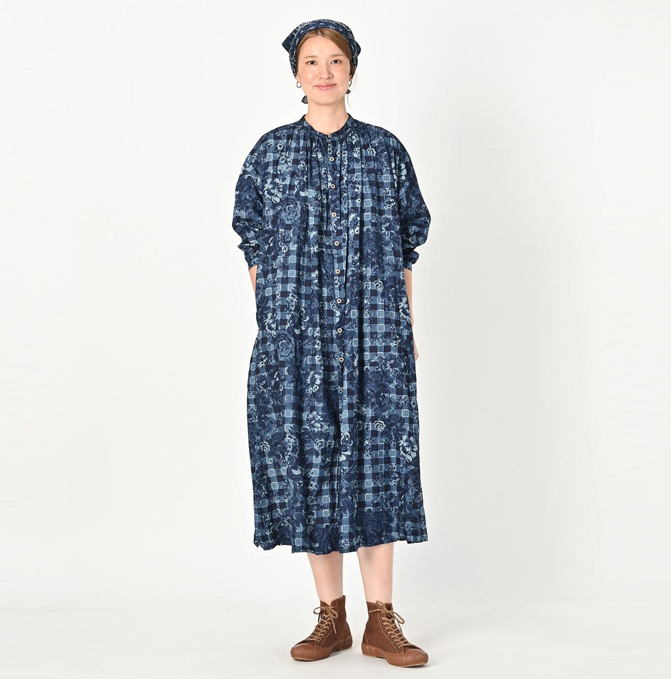 Indigo Khadi Flower Gingham Kushukushu Dress