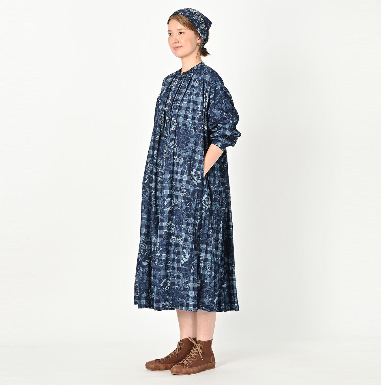 Indigo Khadi Flower Gingham Kushukushu Dress