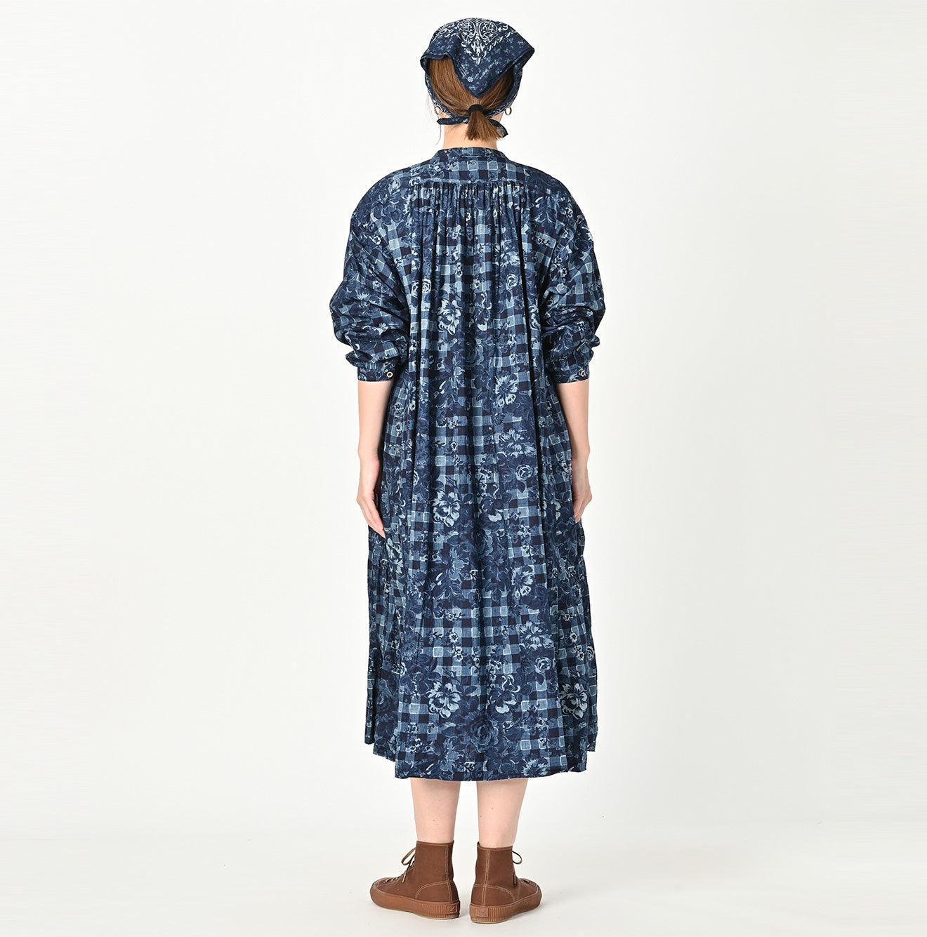 Indigo Khadi Flower Gingham Kushukushu Dress