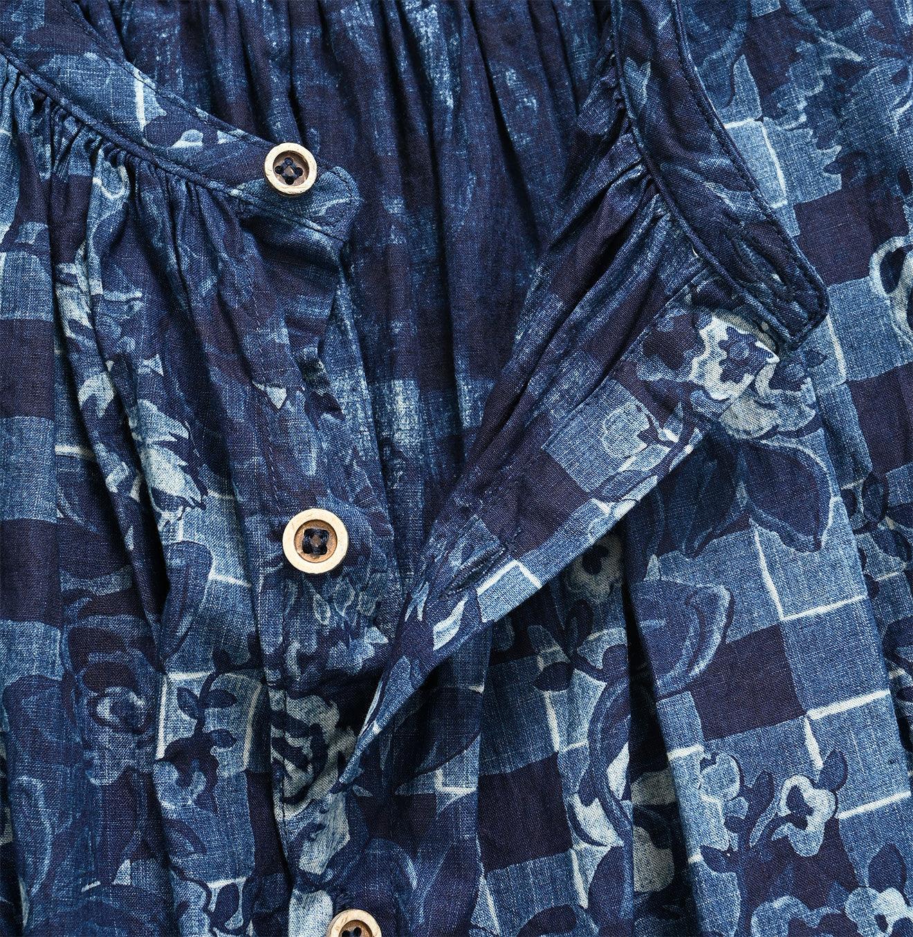 Indigo Khadi Flower Gingham Kushukushu Dress