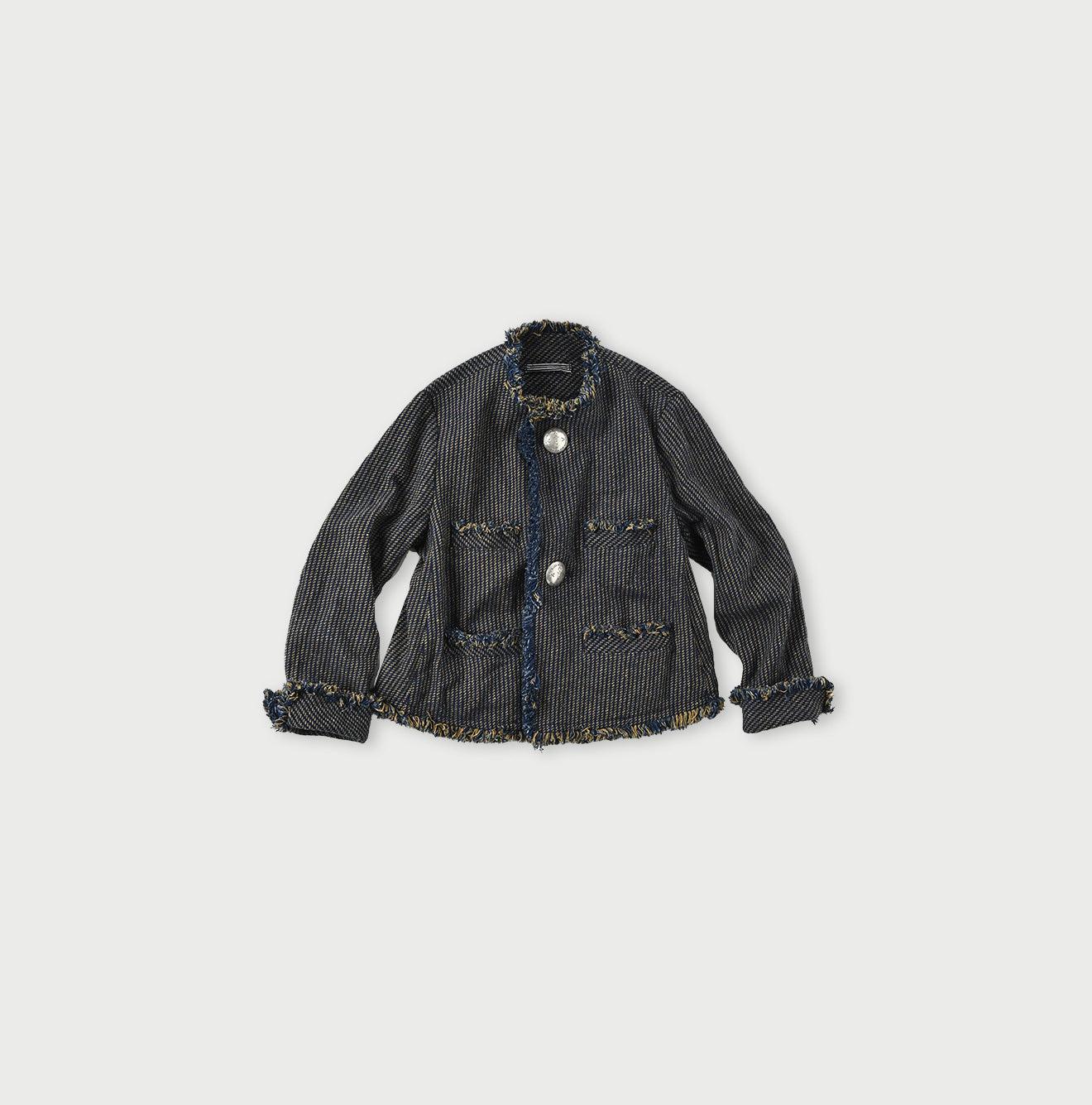 Indigo Cotton Tweed Fringe Jacket