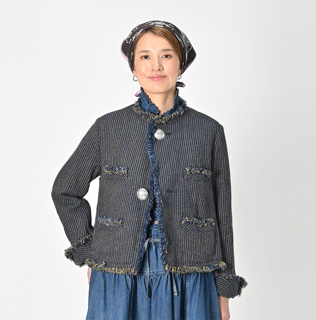 Indigo Cotton Tweed Fringe Jacket