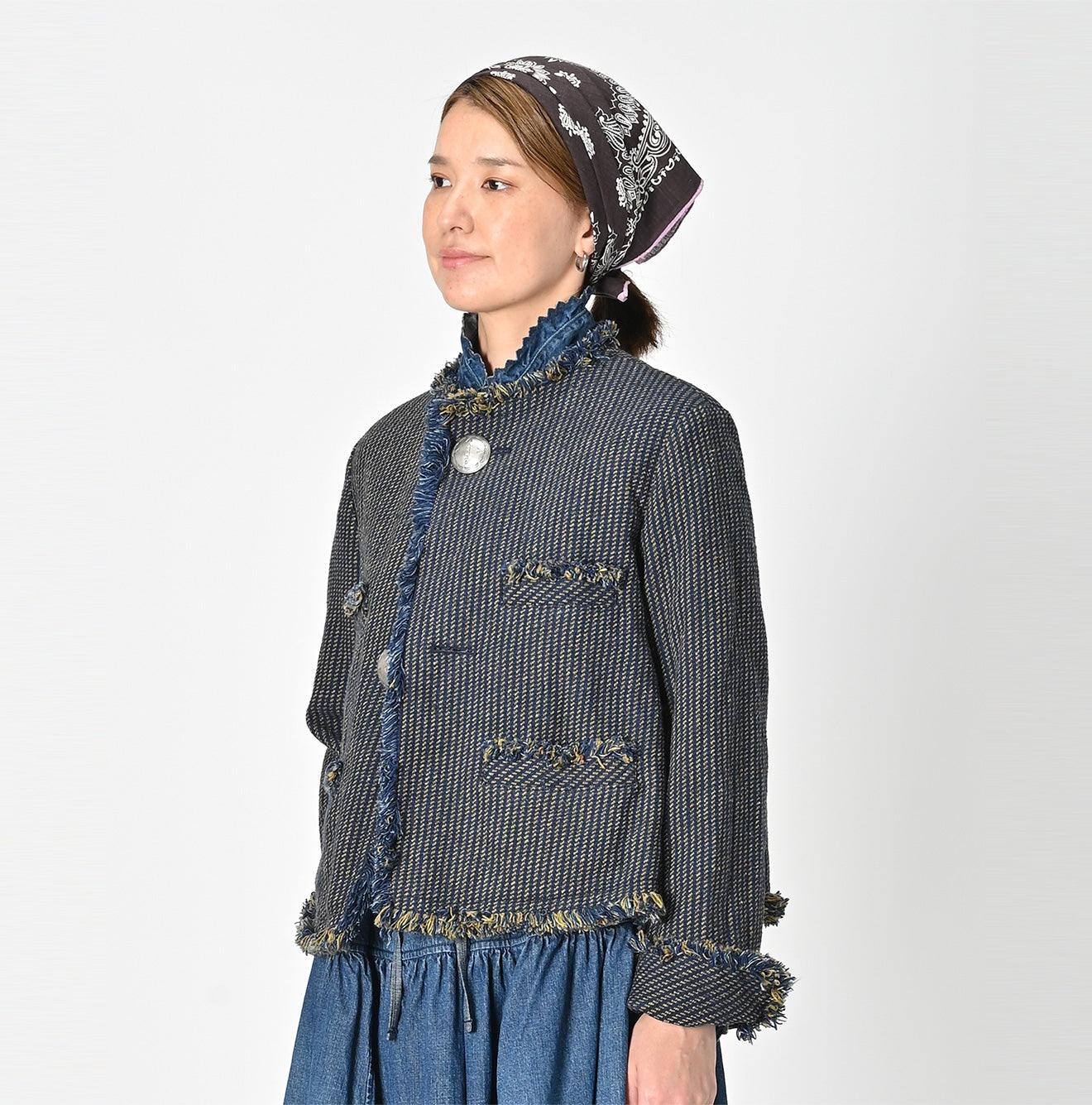 Indigo Cotton Tweed Fringe Jacket