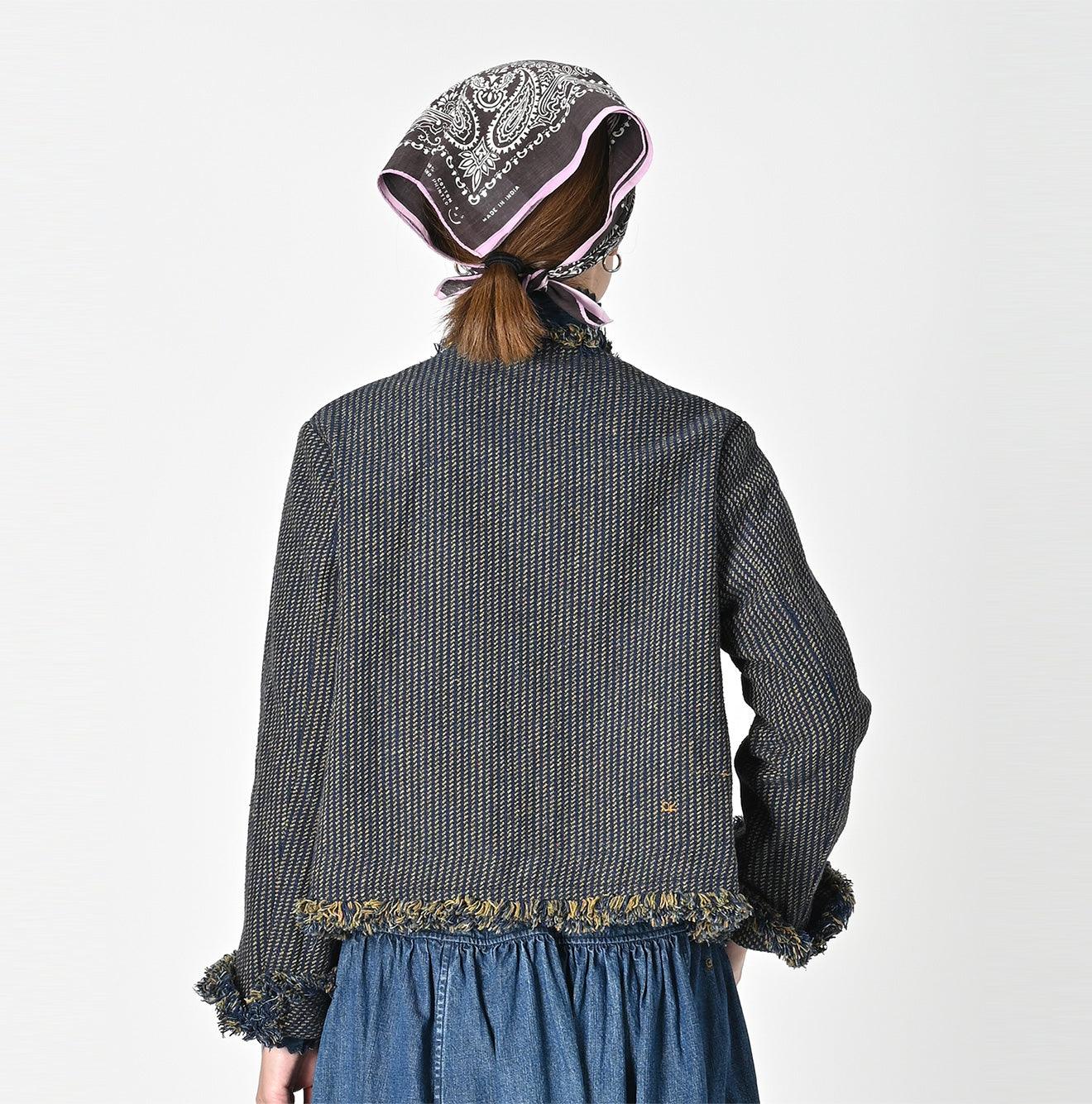 Indigo Cotton Tweed Fringe Jacket