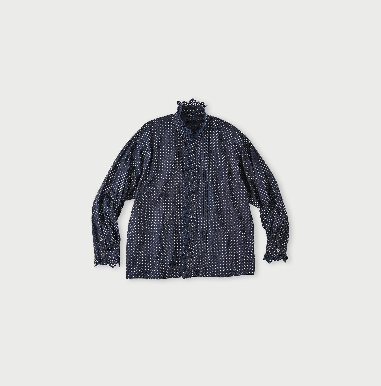 Indigo Dots Cutwork Frilled Blouse