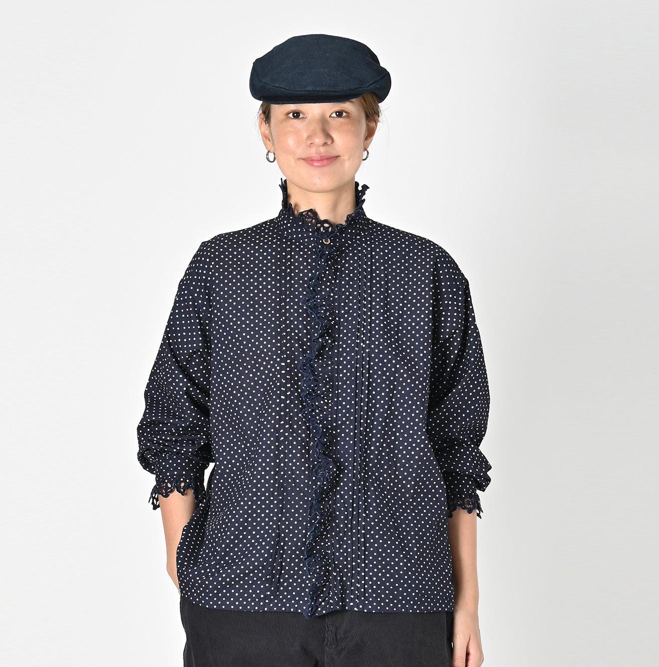 Indigo Dots Cutwork Frilled Blouse
