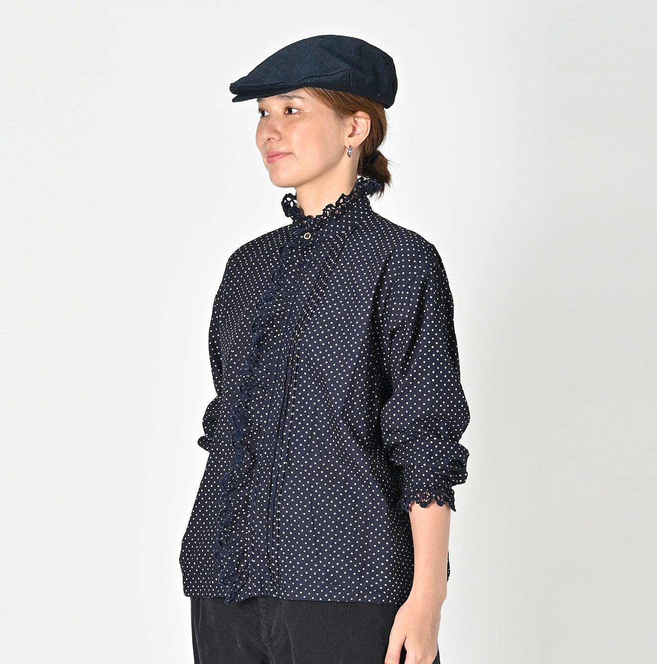 Indigo Dots Cutwork Frilled Blouse