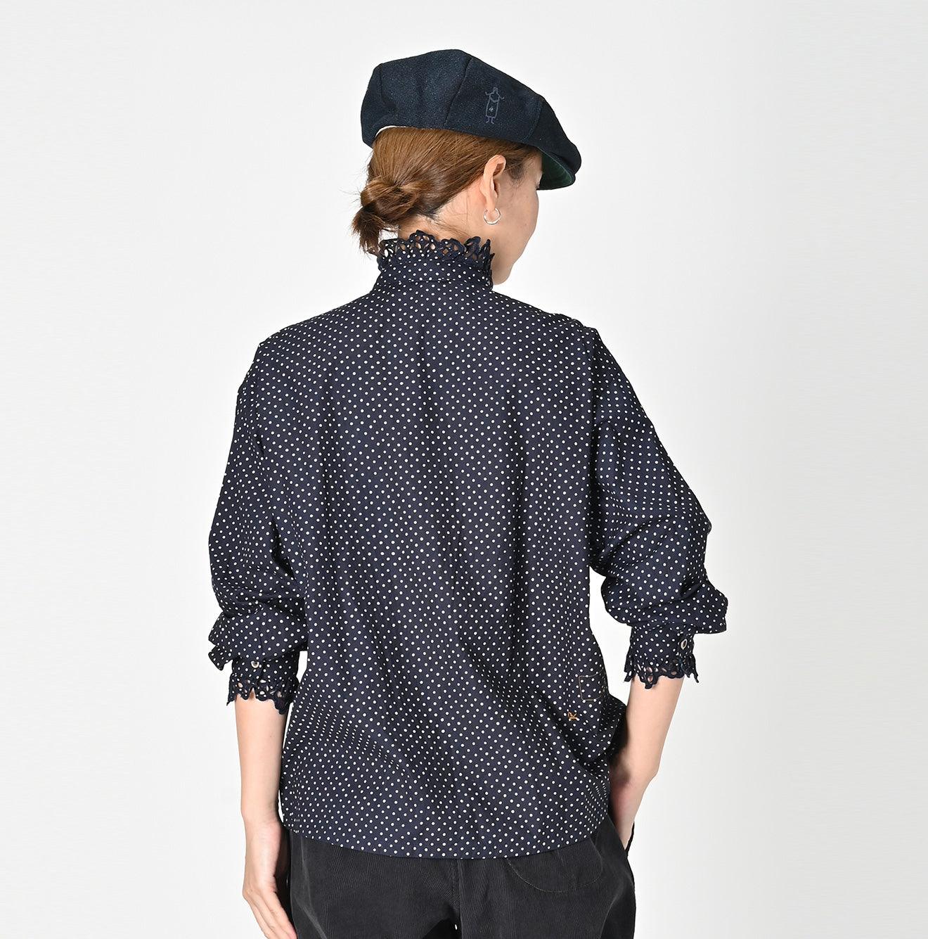 Indigo Dots Cutwork Frilled Blouse