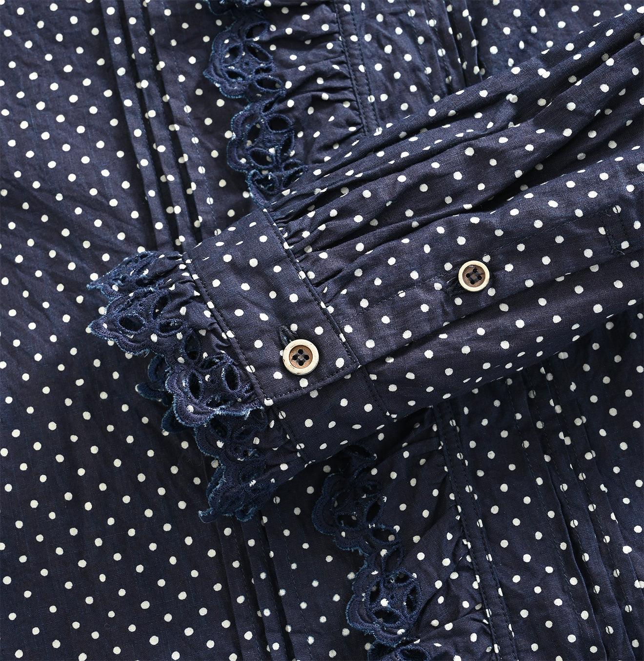 Indigo Dots Cutwork Frilled Blouse