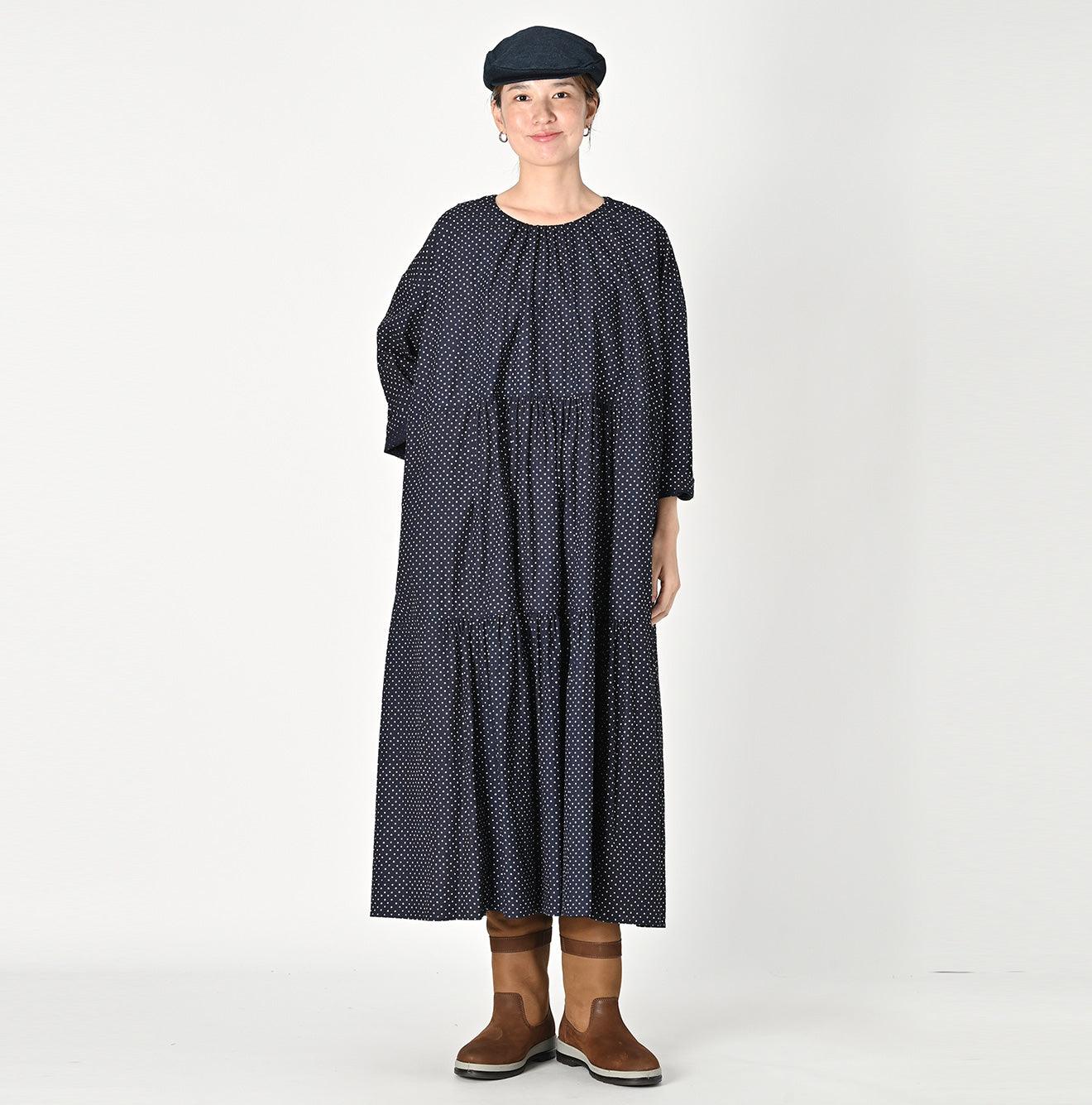 Indigo Tappet Dots Tiered Dress