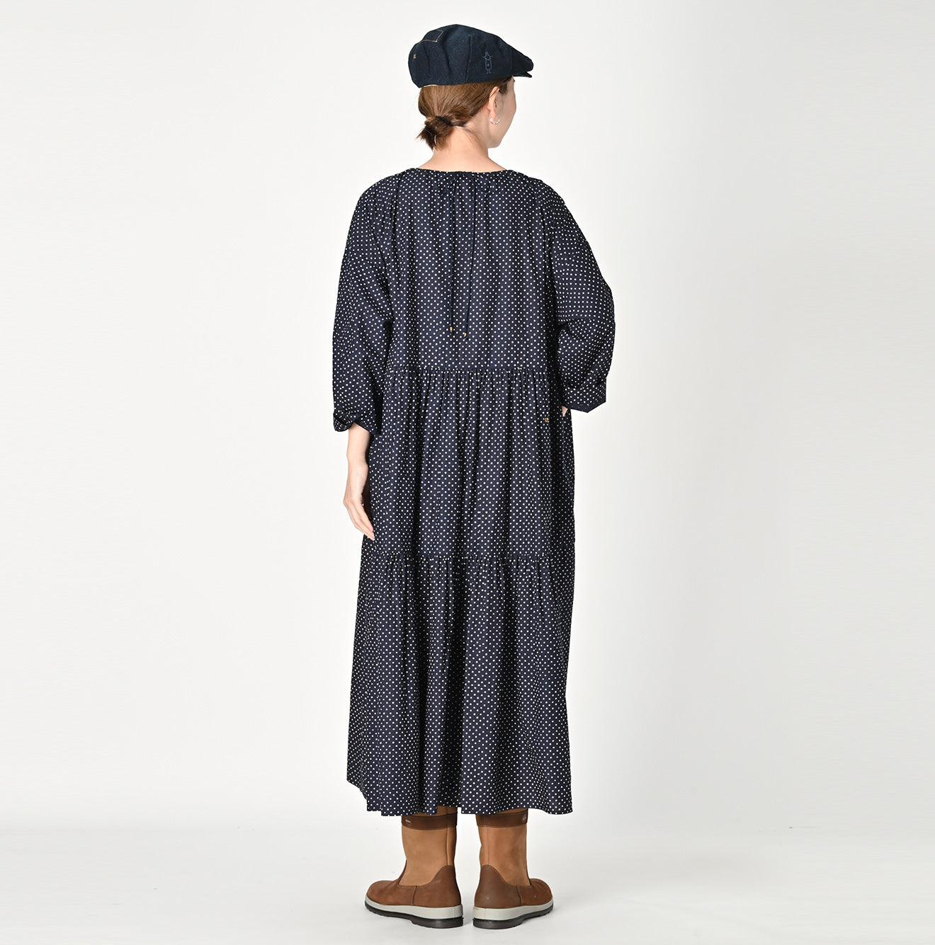 Indigo Tappet Dots Tiered Dress