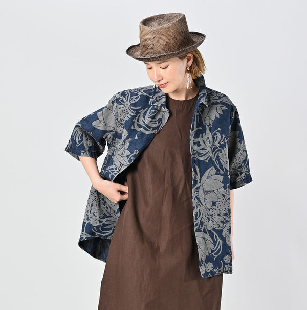45R Indigo Linen Lotus Lei Lei Shirt Men