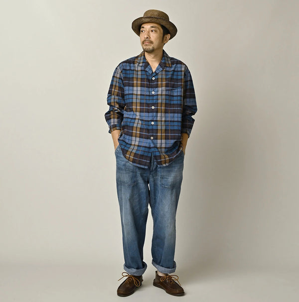 45R Ai Indigo Check Khadi Dobby Open-Collar Shirt