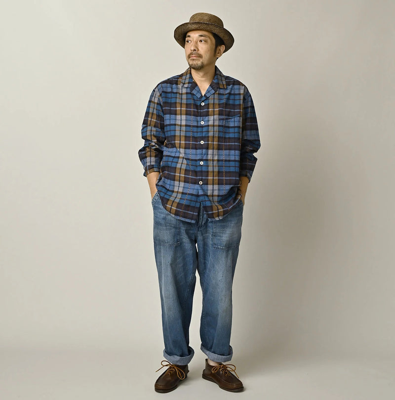 45R Ai Indigo Check Khadi Dobby Open-Collar Shirt - Image 2