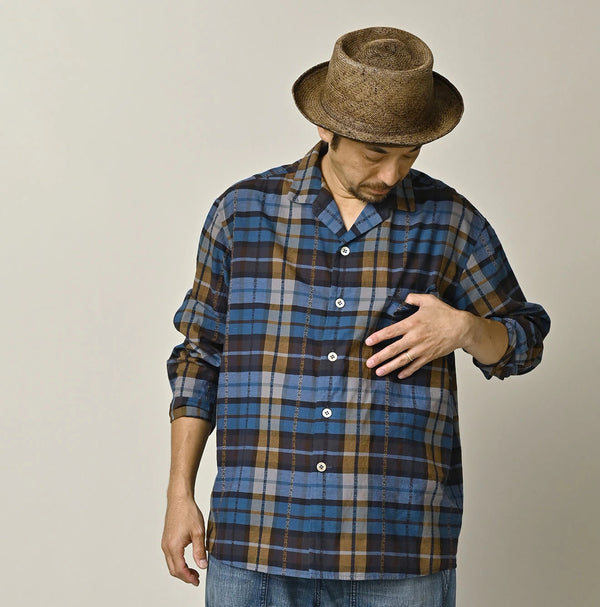 45R Ai Indigo Check Khadi Dobby Open-Collar Shirt