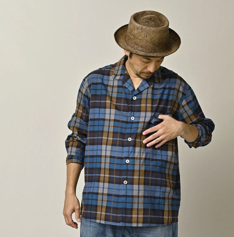 45R Ai Indigo Check Khadi Dobby Open-Collar Shirt - Image 4