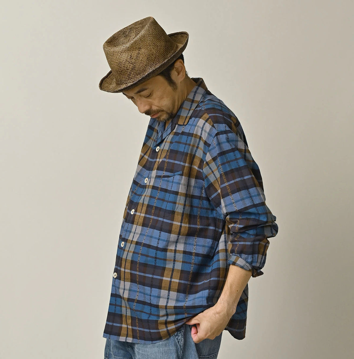 45R Ai Indigo Check Khadi Dobby Open-Collar Shirt