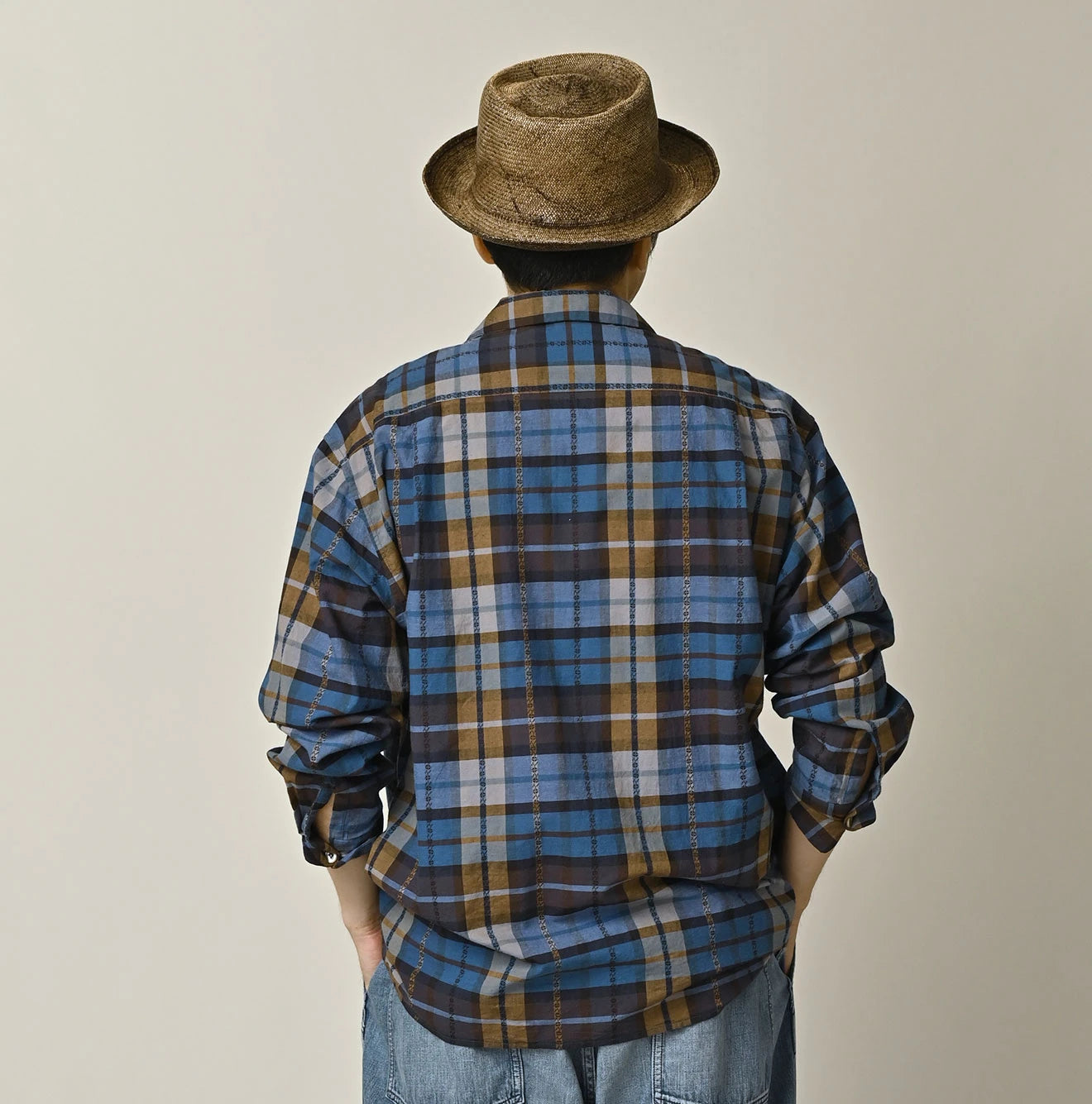 45R Ai Indigo Check Khadi Dobby Open-Collar Shirt - Image 6