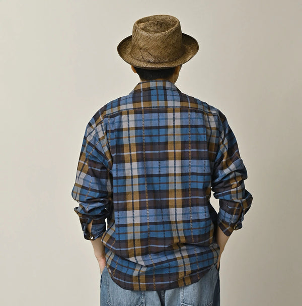 45R Ai Indigo Check Khadi Dobby Open-Collar Shirt