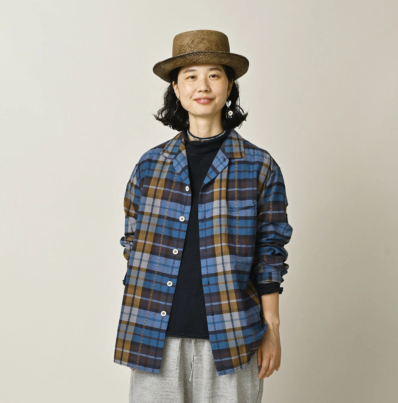 45R Ai Indigo Check Khadi Dobby Open-Collar Shirt - Image 7