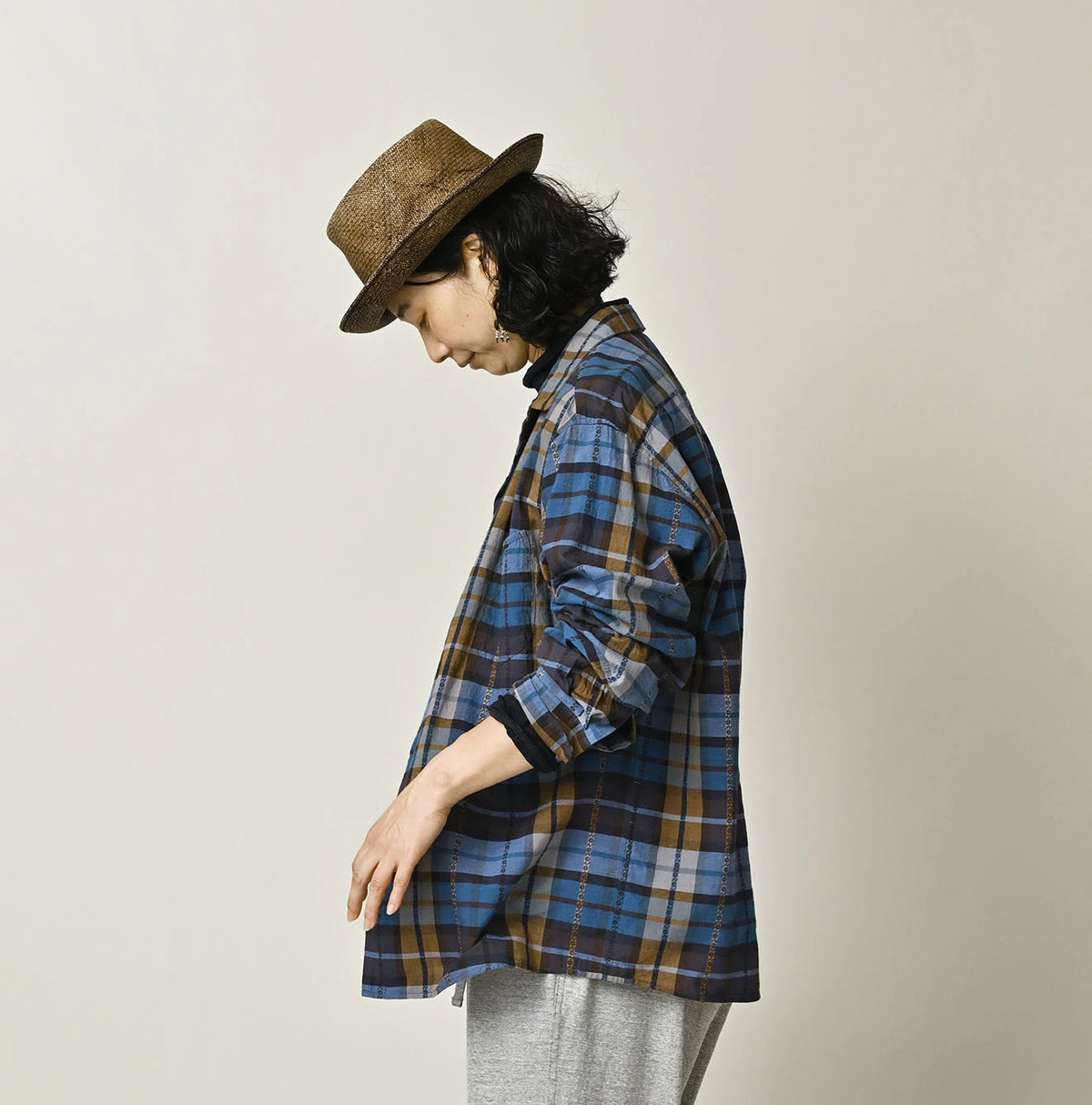 45R Ai Indigo Check Khadi Dobby Open-Collar Shirt