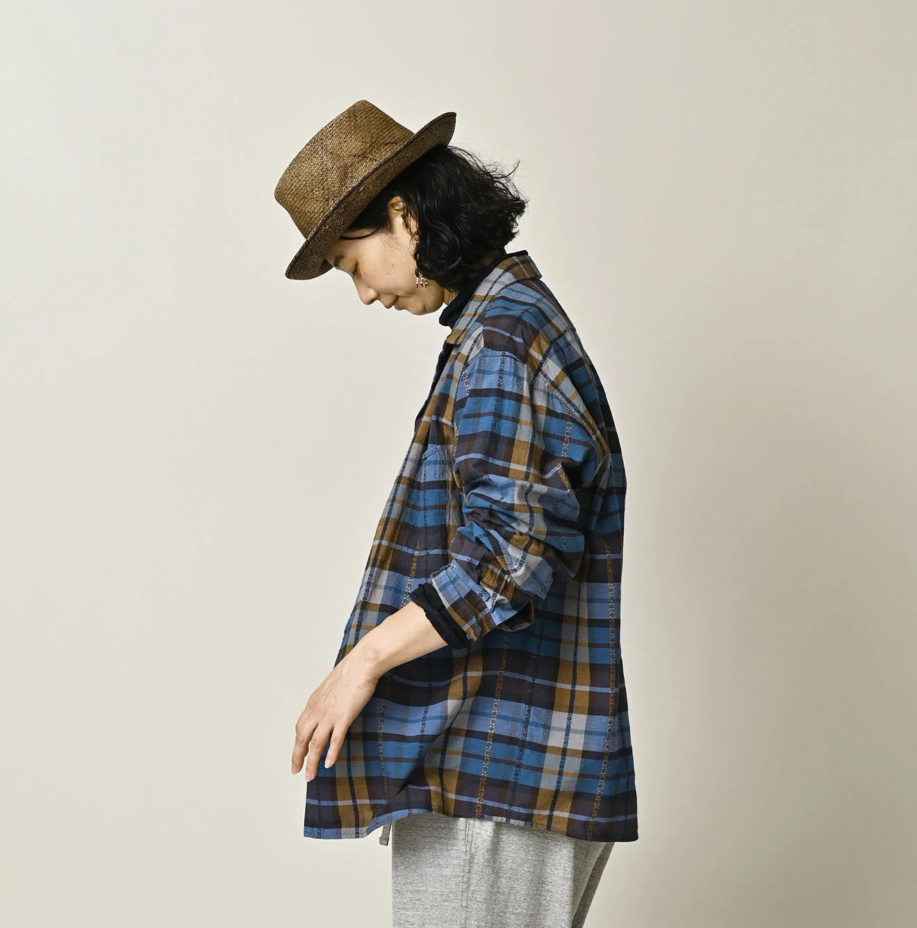 45R Ai Indigo Check Khadi Dobby Open-Collar Shirt - Image 8