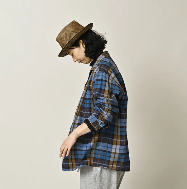 45R Ai Indigo Check Khadi Dobby Open-Collar Shirt