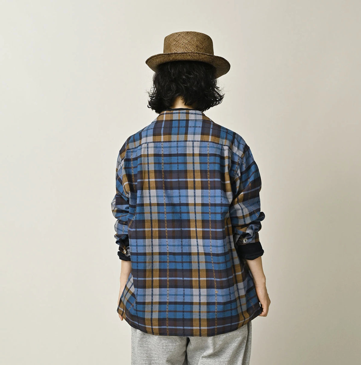 45R Ai Indigo Check Khadi Dobby Open-Collar Shirt