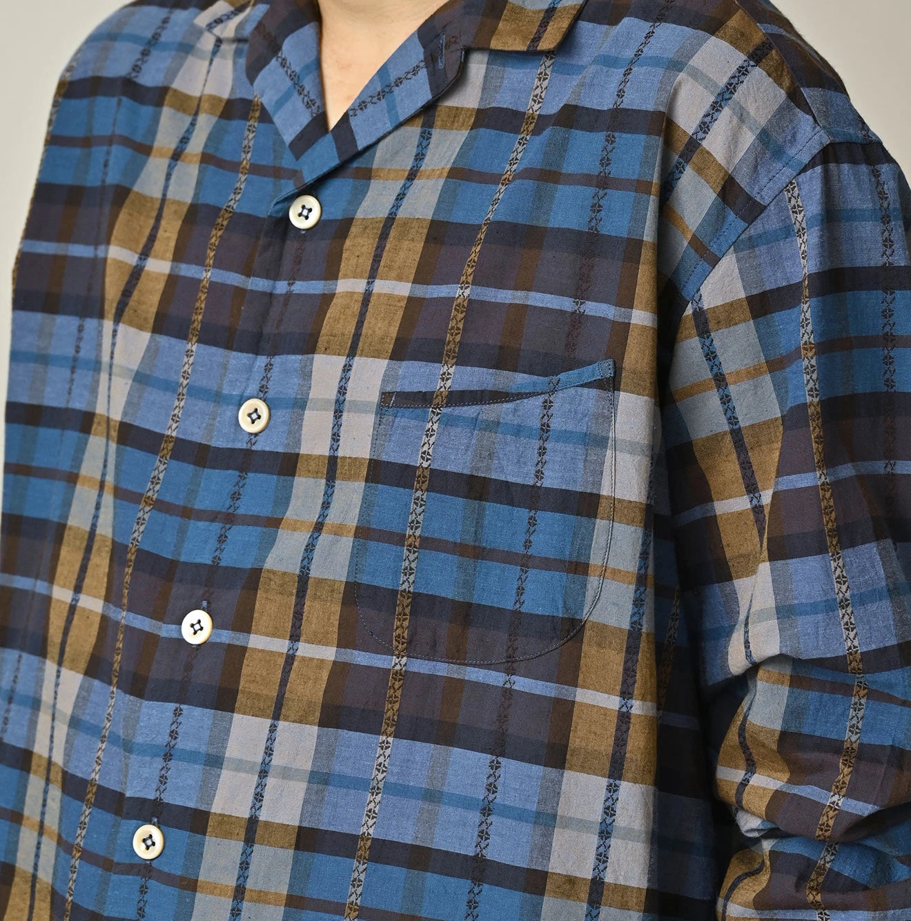 45R Ai Indigo Check Khadi Dobby Open-Collar Shirt - Image 11