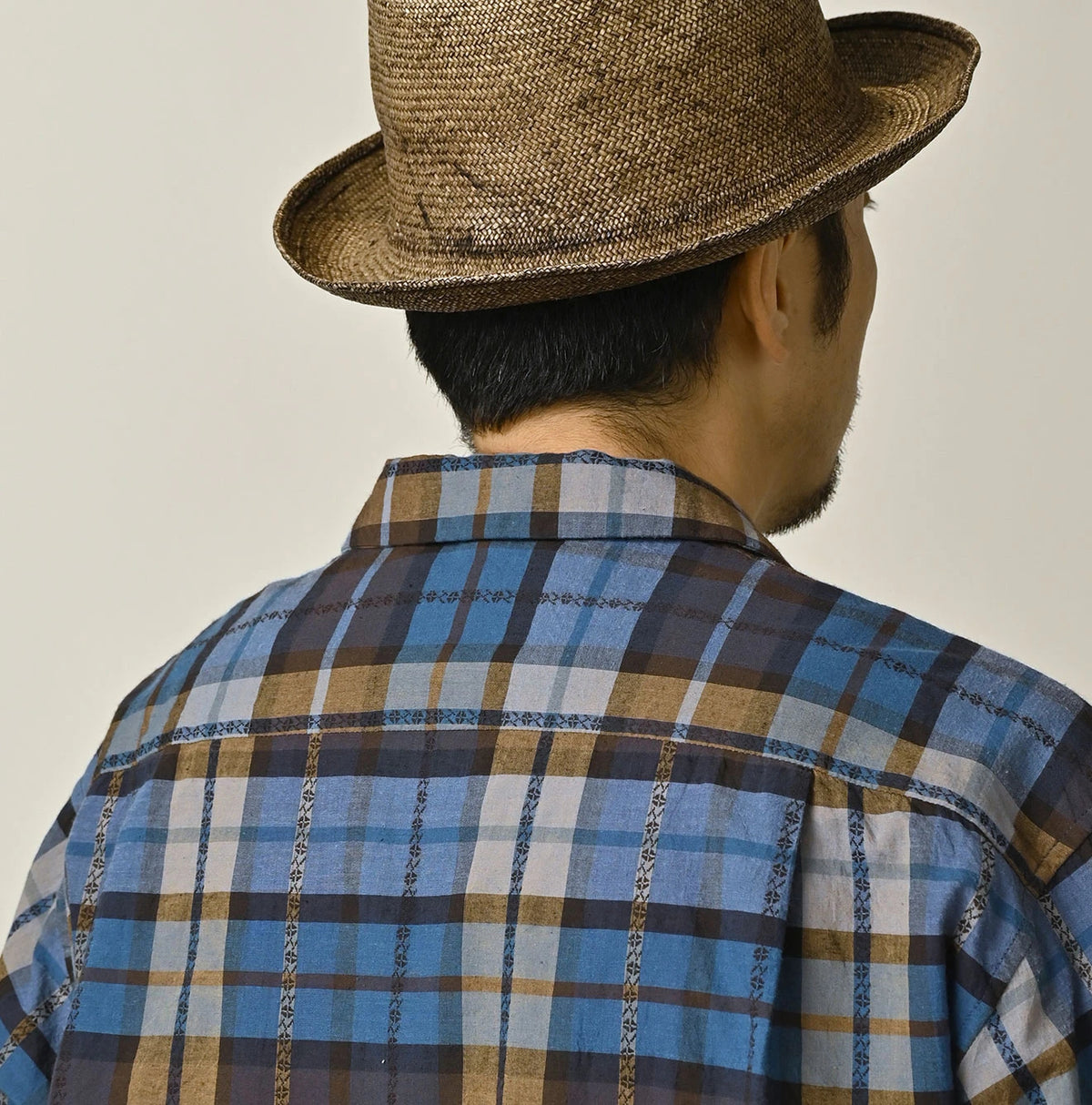 45R Ai Indigo Check Khadi Dobby Open-Collar Shirt