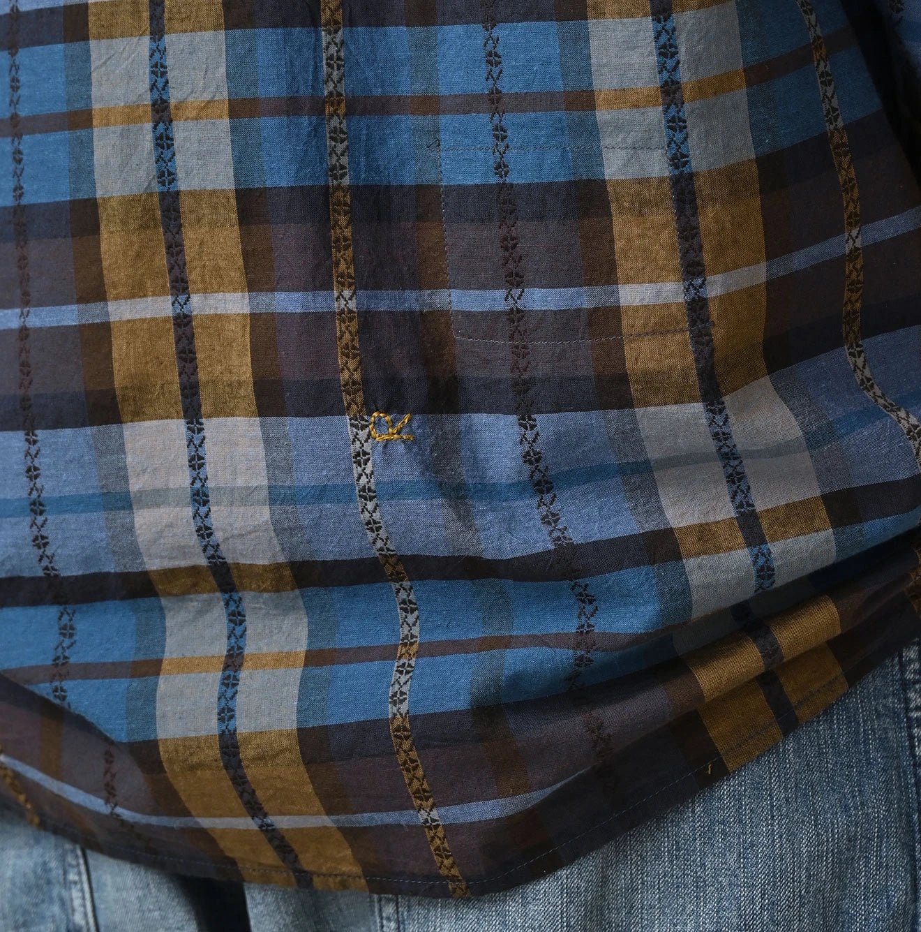 45R Ai Indigo Check Khadi Dobby Open-Collar Shirt - Image 13