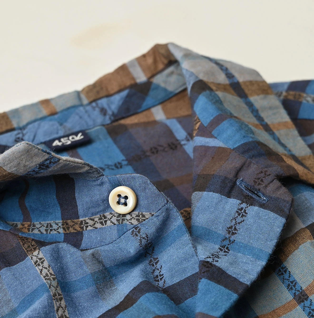 45R Ai Indigo Check Khadi Dobby Open-Collar Shirt - Image 16