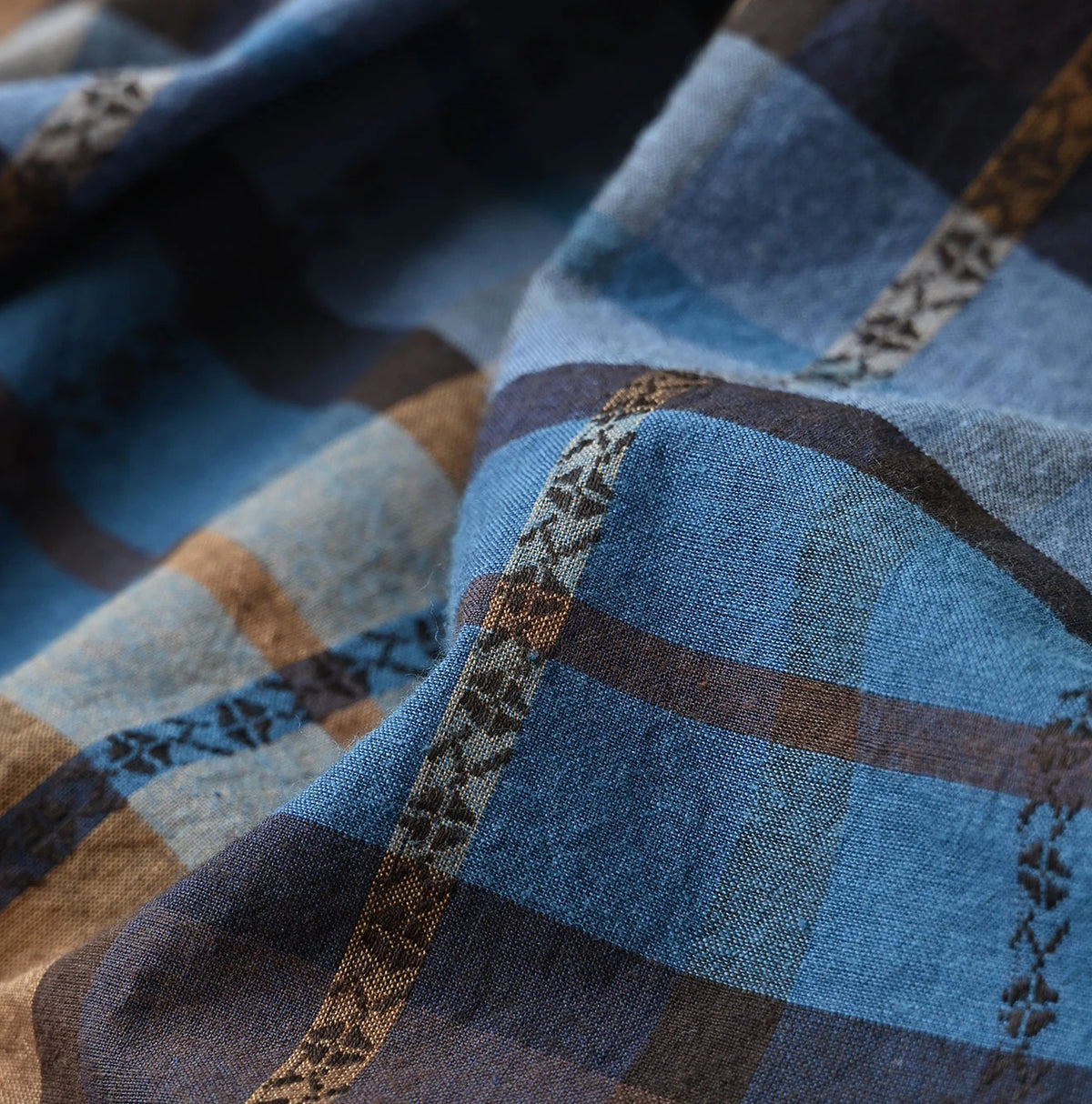45R Ai Indigo Check Khadi Dobby Open-Collar Shirt