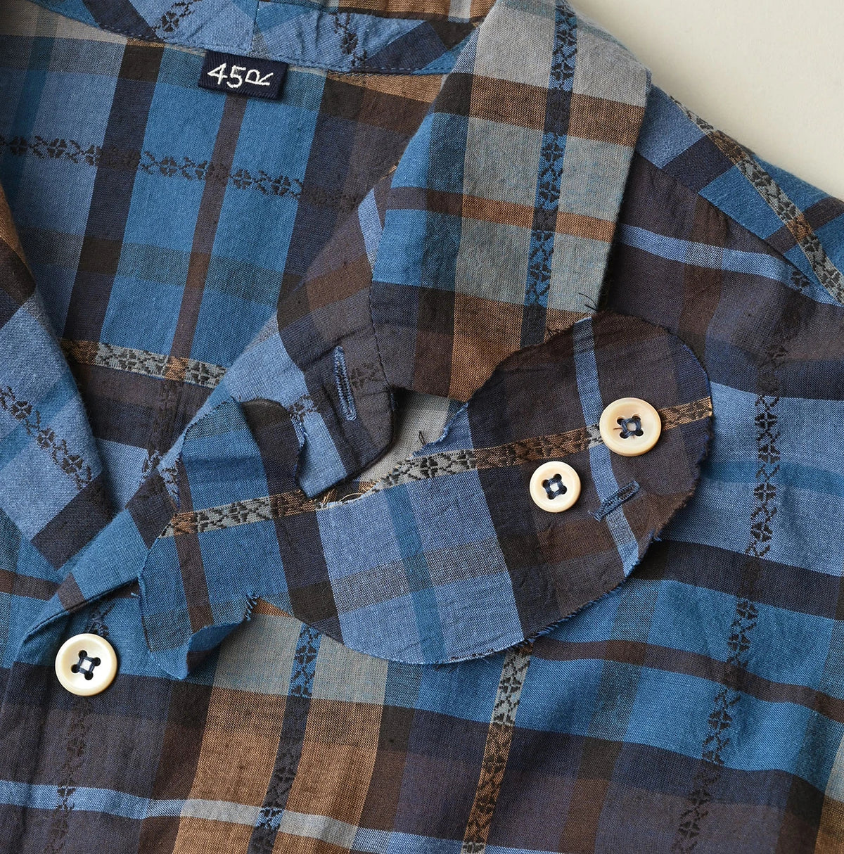 45R Ai Indigo Check Khadi Dobby Open-Collar Shirt