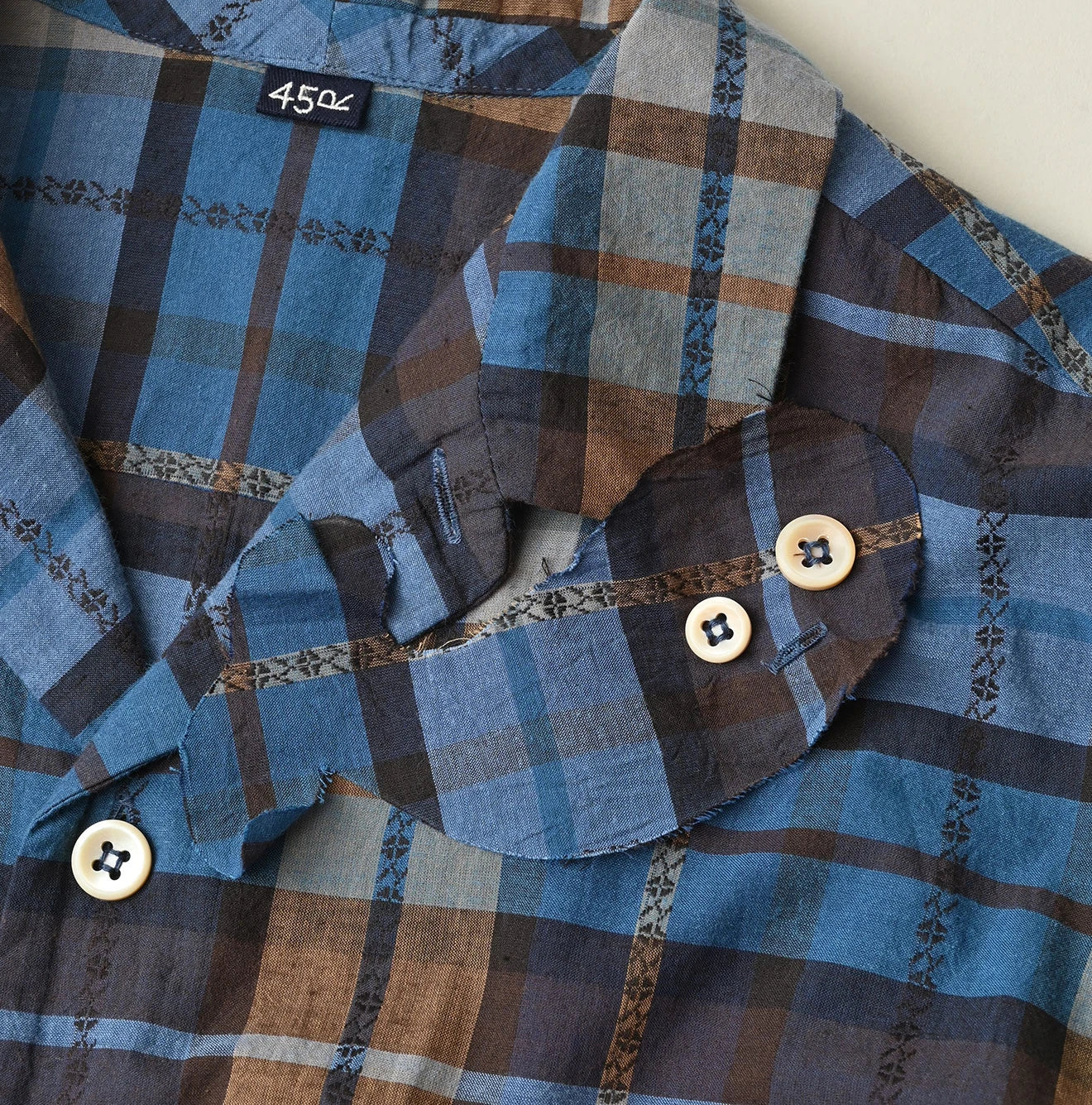 45R Ai Indigo Check Khadi Dobby Open-Collar Shirt