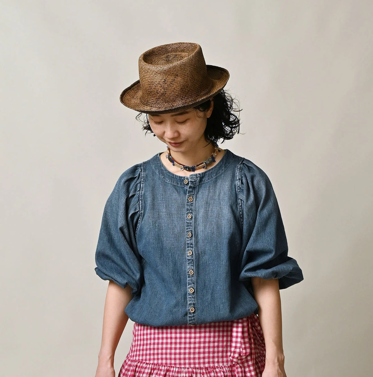 45R 45 Petit Denim Puff Sleeve Blouse Distressed