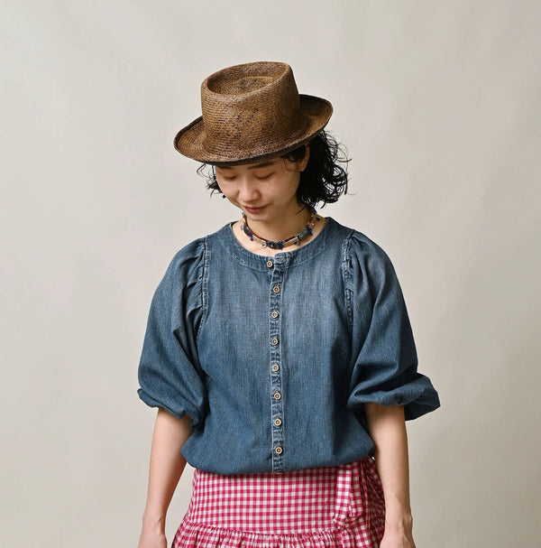 45R 45 Petit Denim Puff Sleeve Blouse Distressed