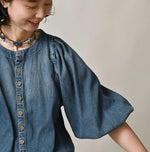 45R 45 Petit Denim Puff Sleeve Blouse Distressed
