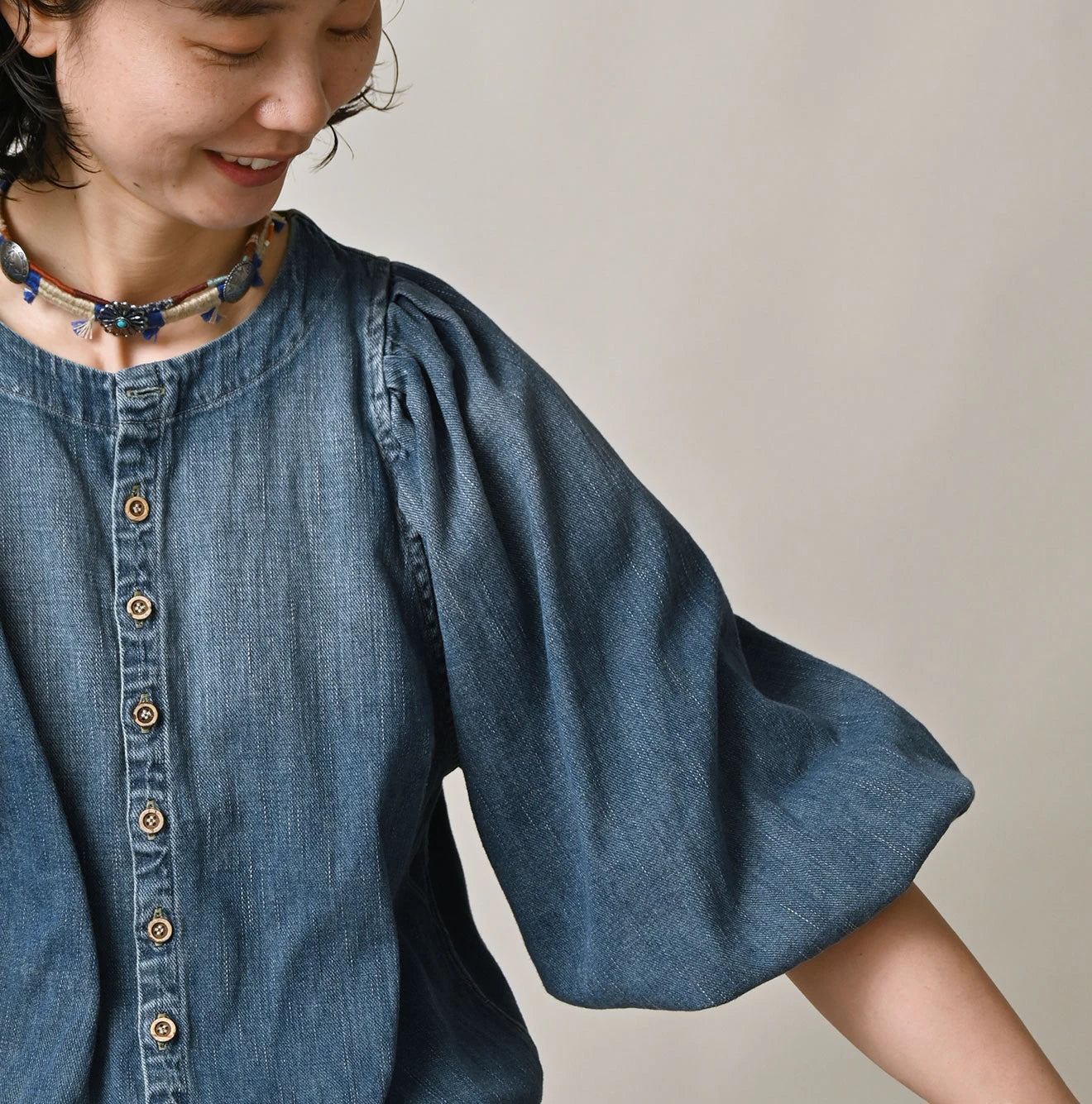 45R 45 Petit Denim Puff Sleeve Blouse Distressed - Image 5