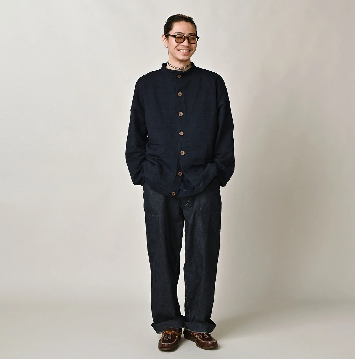 45R Indigo Dekoboko Knit-sewn Cardigan