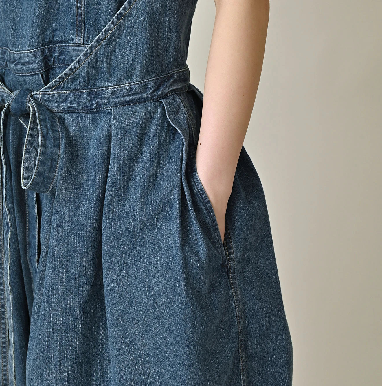 45R Mugihiko Denim Wrap Dress Tan - Image 8