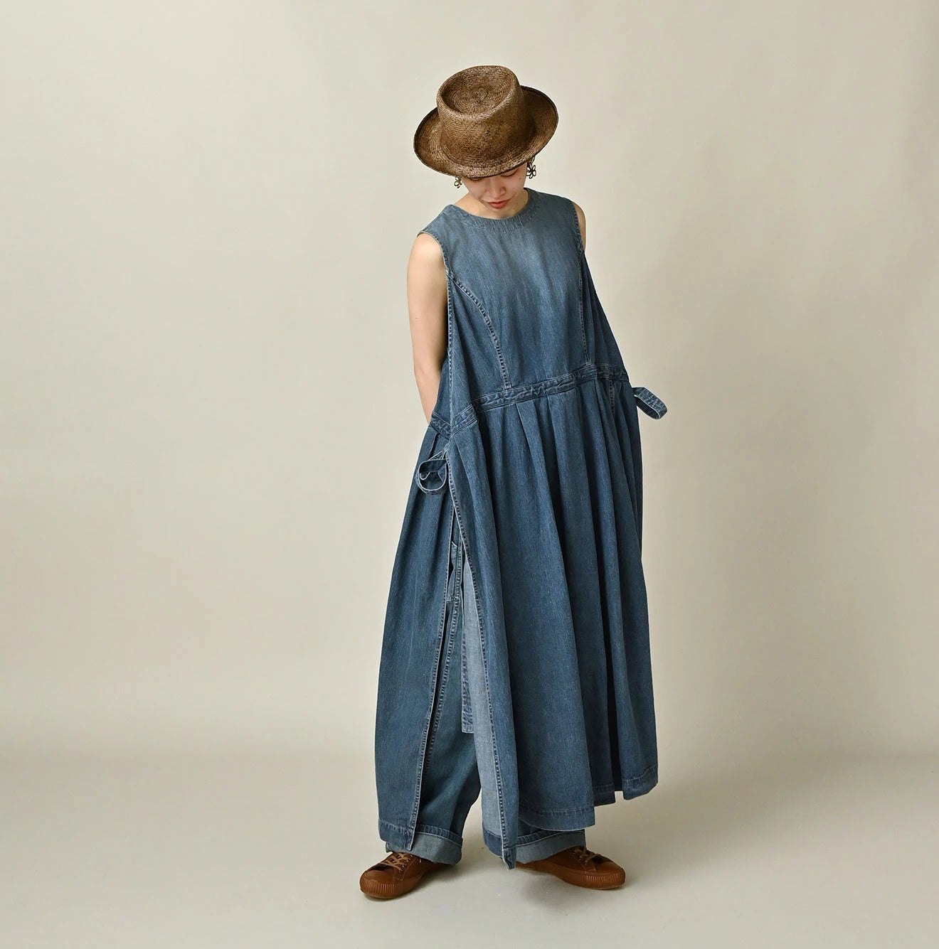 45R Mugihiko Denim Wrap Dress Tan - Image 13